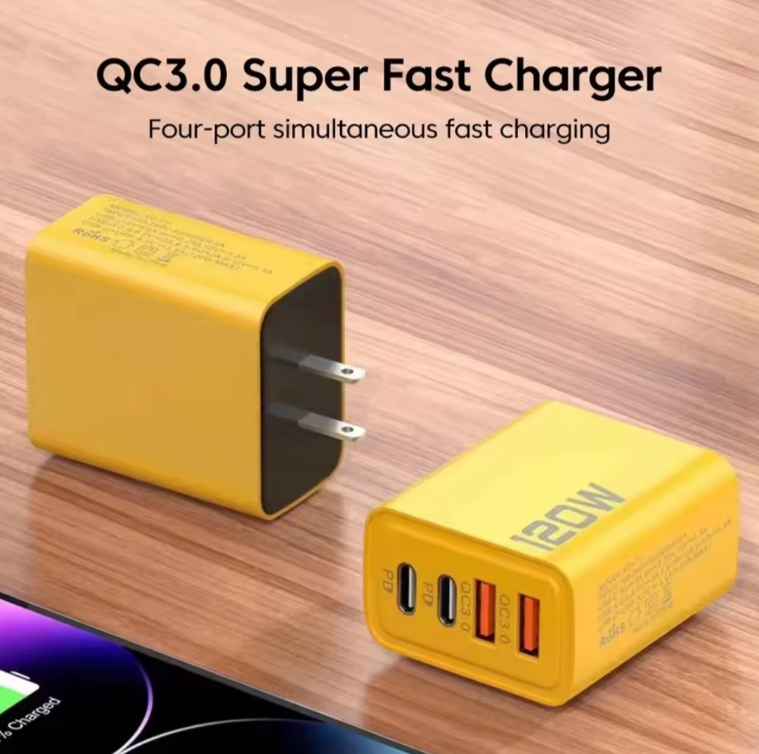 Carregador USB com 4 portas carga rápida 3.0/tipo-c 120w