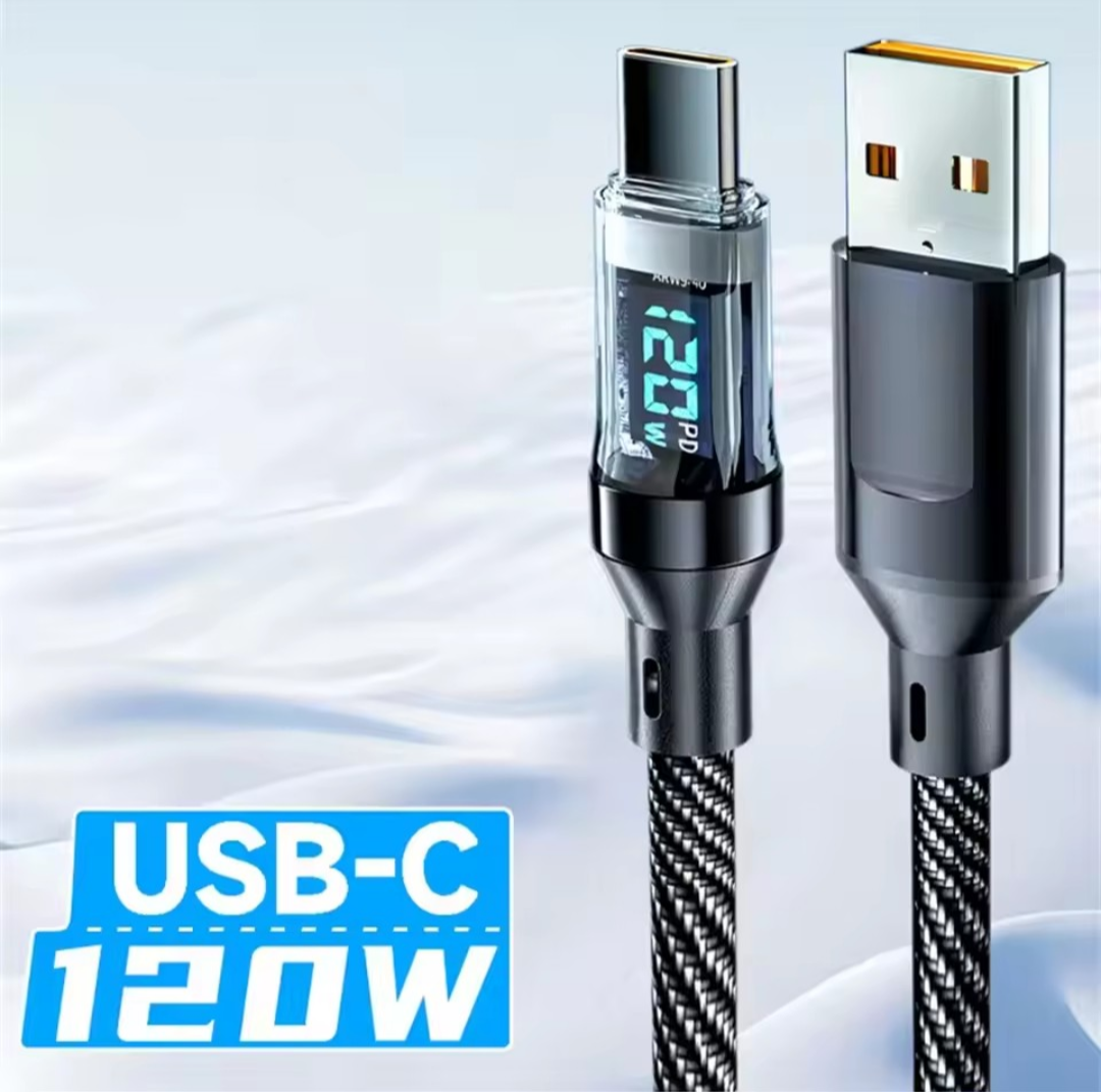 Cabo USB-c a Usb-a 120w com ecrã 2 metros cargamento rápido